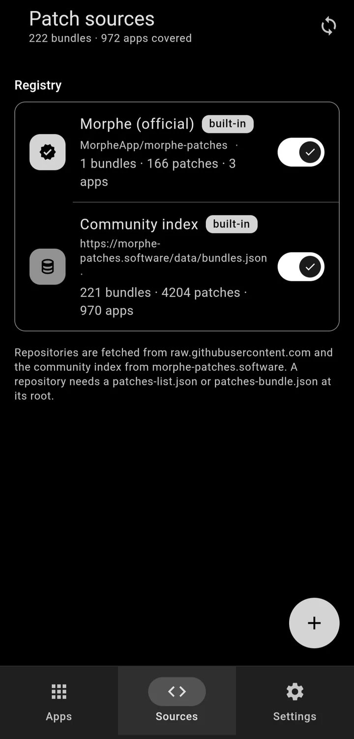 Patch sources screen showing bundle, patch and app counts per source